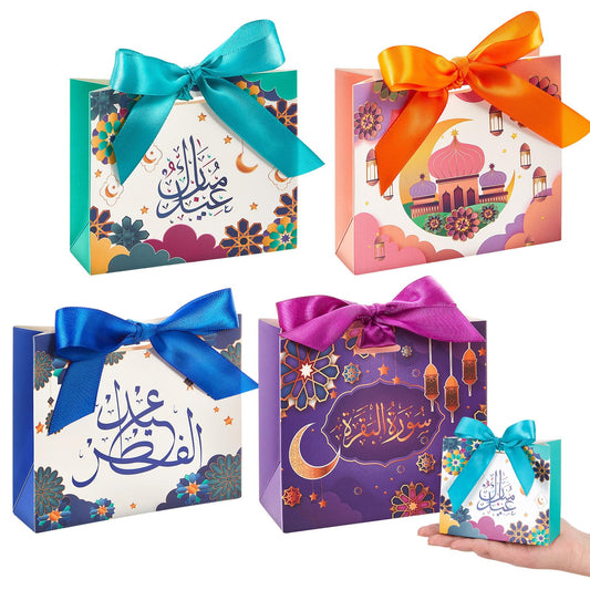 Kritkin 48 Pcs Eid Mubarak Gift Bags with Ribbons Muslim Ramadan Gift Bags Eid Decorations Eid Mubarak Party Favors Goodie Boxes with Castle Moon Star for Ramadan Party Treat Kids Candy Supplies