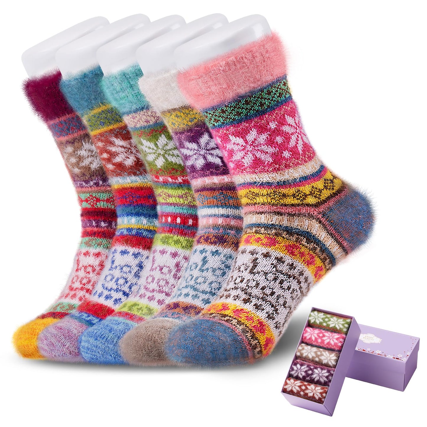 ICEIVY 5 Pair Fuzzy Cozy Socks for Women - Warm Comfy Soft Casual Home Sleep Winter Wool Socks - Gifts for Women