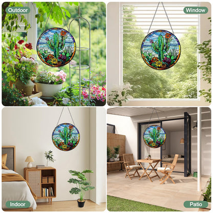 Cactus Stained Glass Window Hanging Suncatcher with Chain - 7.9" Arizona Outdoor/Indoor Art Decor for Home Garden, Thanksgiving, Wedding, Mother's, Valentine's & Christmas Ornaments Present