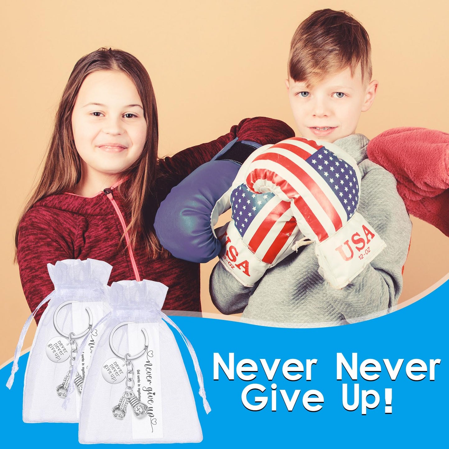 24 Pack Never Give up Keychains Inspirational Gift for Women Men Charm Keyring with Thank You Tag and Organza Bag