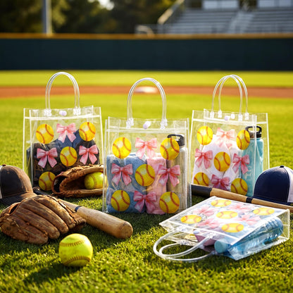 Wesnoy 20 Pcs Cute Softball Gift Bag Pink Bow Softball Goodie Gifts Bags with Handles Reusable Sport Themed Treat Bags for Candy Birthday Party Supplies 8 x 8 x 3.15''