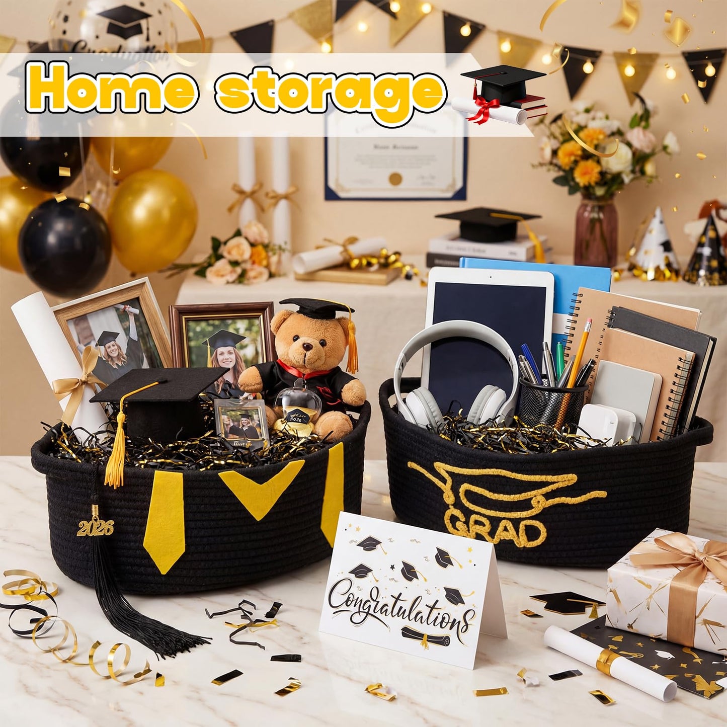 Colingmill 2 Pack 2026 Graduation Empty Gift Basket 14''x10''x5.5'' Woven Rope Basket Empty to Fill with Bag, Ribbon, Card, Tassel, DIY Congrat Gift for Class of 2026 Nurses Week