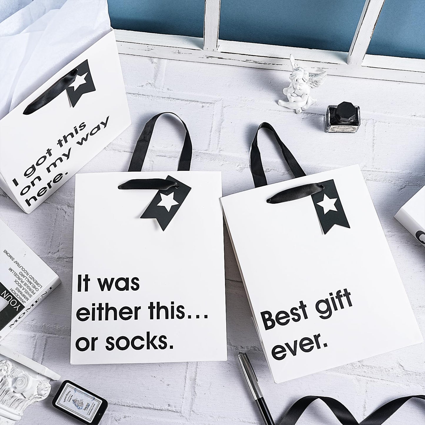 Loveinside Christmas Medium Size Gift Bags Set, Funny Quirky Design with Bold Black Text Pattern with Tissue Paper Perfect for Shopping, Parties, Birthday, Holiday, 4 Pack, 7" X 4" X 9"
