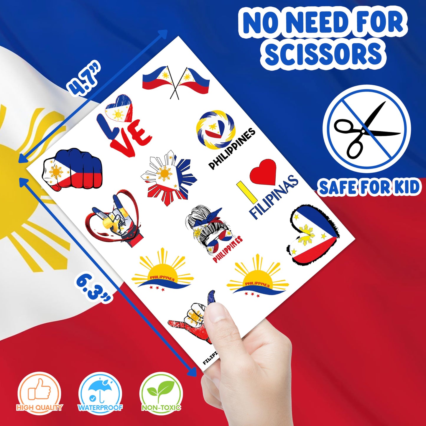 96 PCS Philippines Flag Temporary Tattoos for Kids - Pre-Cut Filipino Sun & Stars Fake Tattoo Stickers for Birthday Party Favors, Carnival Rewards & Pride Decorations, Gifts For Boys Girls