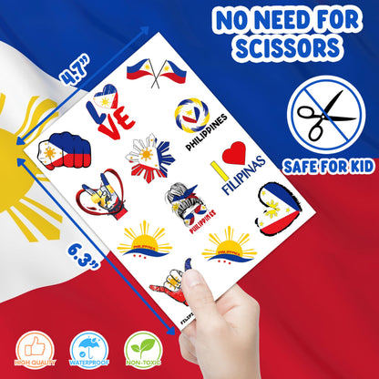 96 PCS Philippines Flag Temporary Tattoos for Kids - Pre-Cut Filipino Sun & Stars Fake Tattoo Stickers for Birthday Party Favors, Carnival Rewards & Pride Decorations, Gifts For Boys Girls
