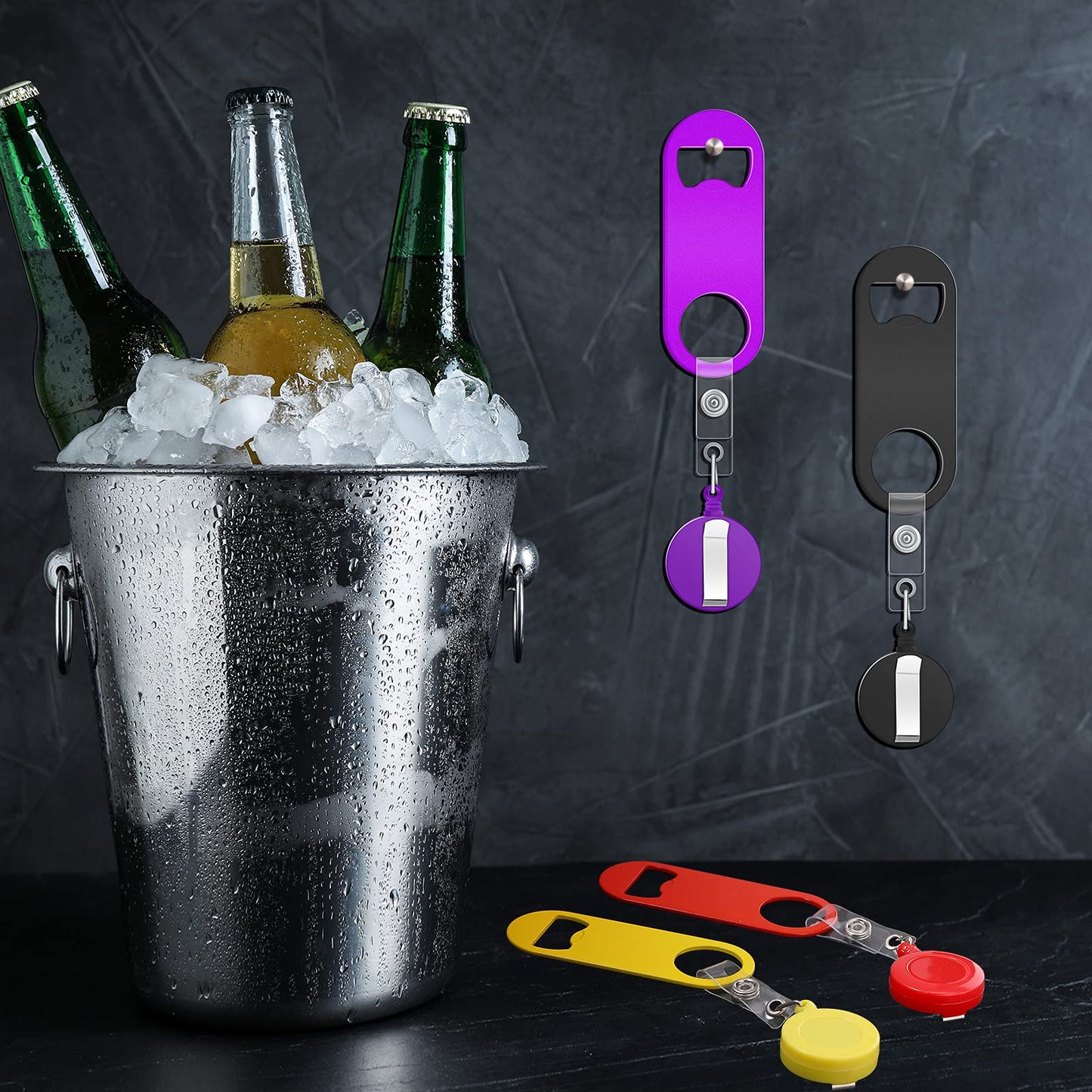 Honoson 8 Pieces Retractable Flat Bottle Opener Bartender Beer Opener with Round Badge Reel Clips Holder Bar Keys for Bartender Gifts Kitchen Home Party Supplies (Classic,Multicolor)