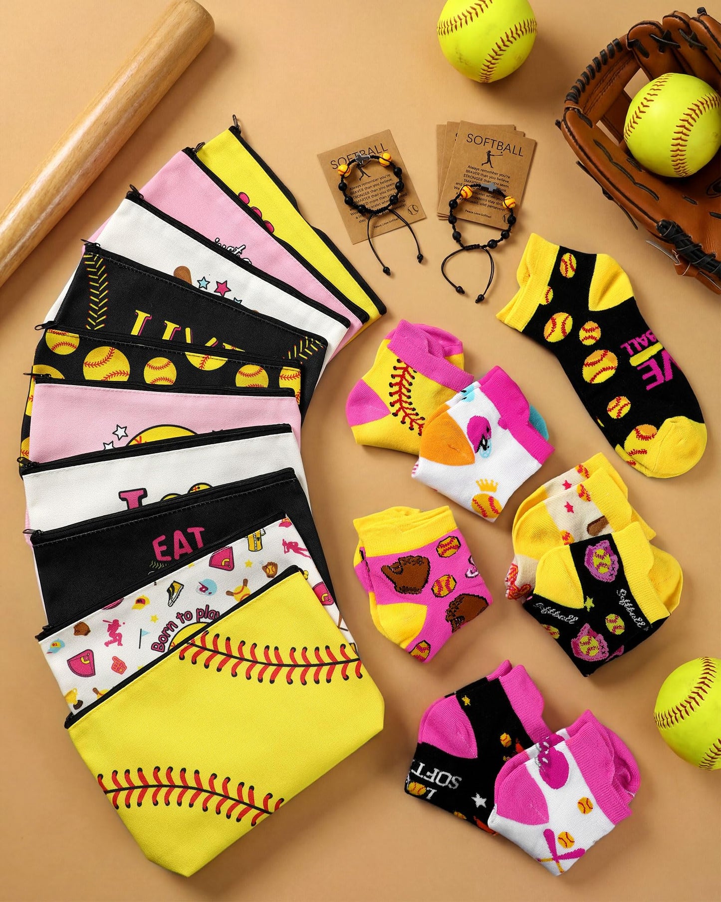 48 Pcs Softball Team Gifts for Women Include Cosmetic Bags Socks Bracelets and Cards for Teen Girls Players Coach