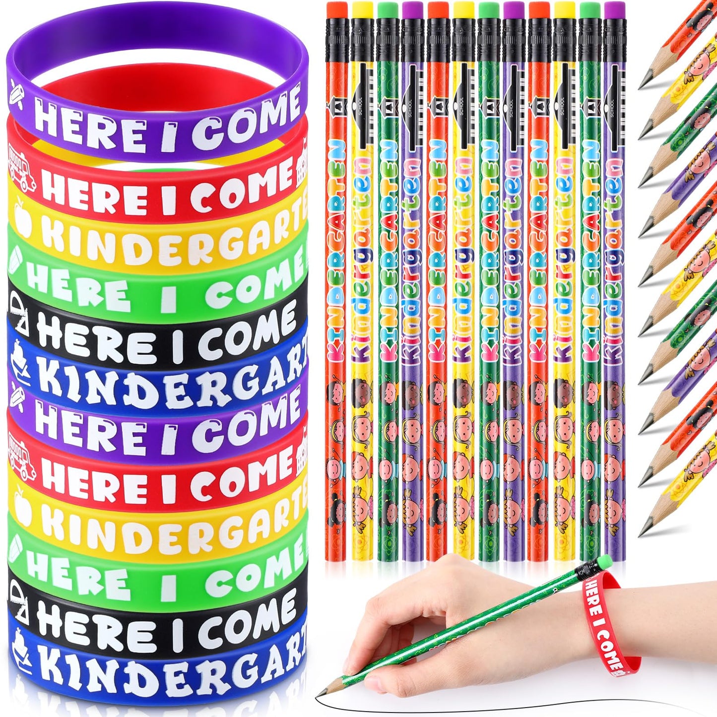 Spakon 24 Sets Kindergarten Here I Come Pencils Bracelets Set, Kindergarten Pencils Wristbands Gifts for Kids Classroom, 100 Days of School Prizes, Back to School Student Rewards Goodie Bag Fillers