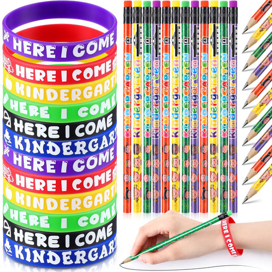 Spakon 24 Sets Kindergarten Here I Come Pencils Bracelets Set, Kindergarten Pencils Wristbands Gifts for Kids Classroom, 100 Days of School Prizes, Back to School Student Rewards Goodie Bag Fillers