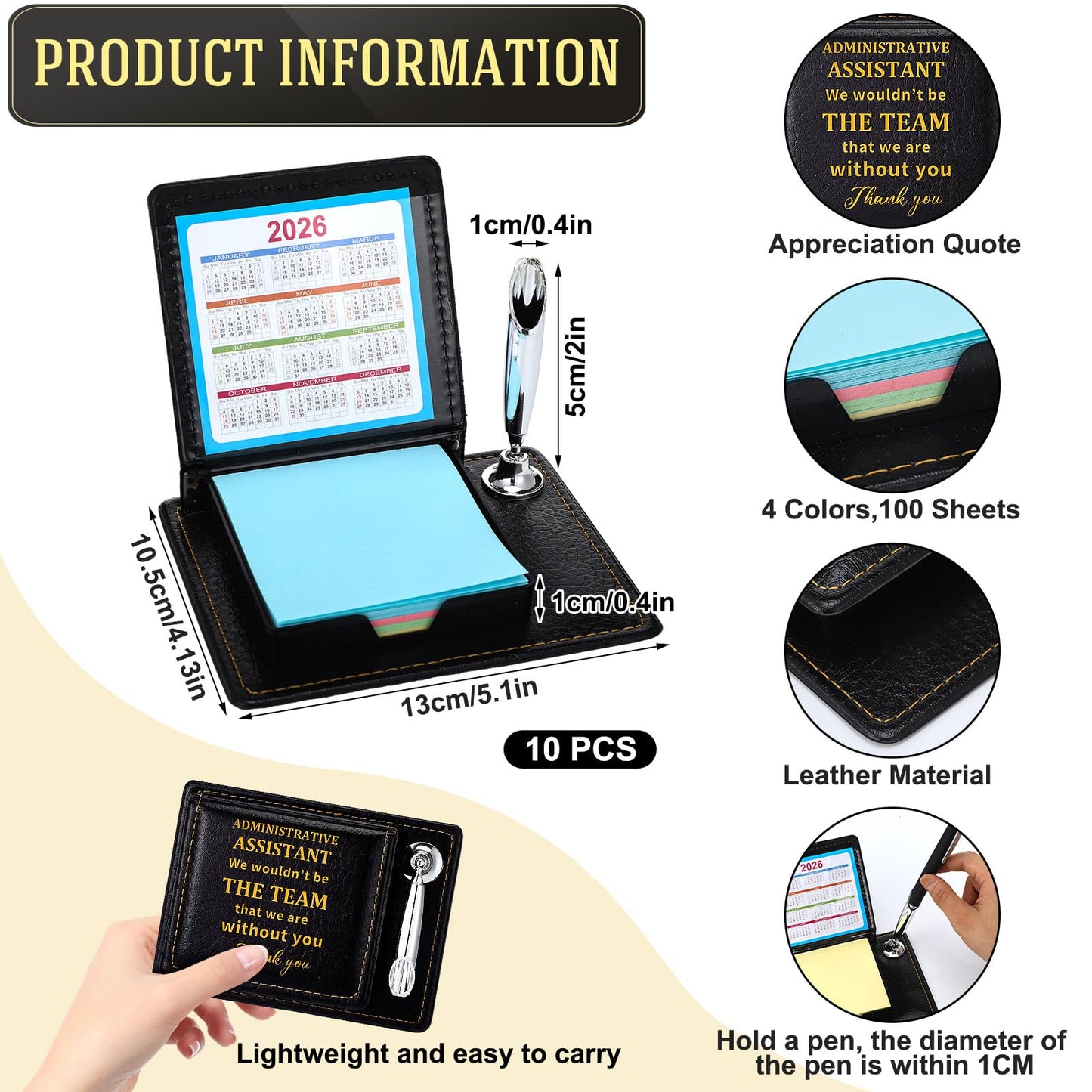 Crtiin 10 Set Administrative Assistant Gifts Secretary Gifts Sticky Note Holders with Sticky Notepads PU Leather Memo Box with Calendar Pen Holder Secretary Admin Professional Day Gift for Office Desk
