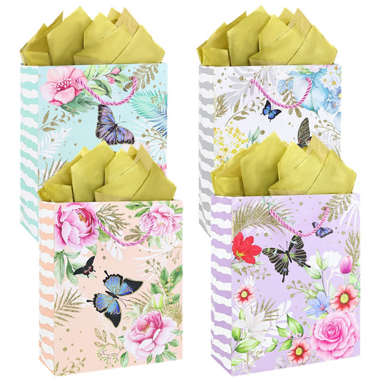 WGBBDG 4Pcs 9" Medium Gift Bags Assorted including Tissue Paper, Greeting Card, Envelope & Stickers with Handles for Shopping, Parties, Birthday, Wedding, Party Favor (Four-Color Butterfly)