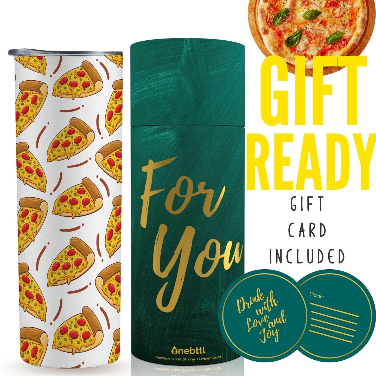 Onebttl Pizza Gifts for Pizza Lover Women, Seamless Pizza Pattern, Gift for Coworkers, Sisters, 20oz Skinny Tumbler with Lid and Straw, White