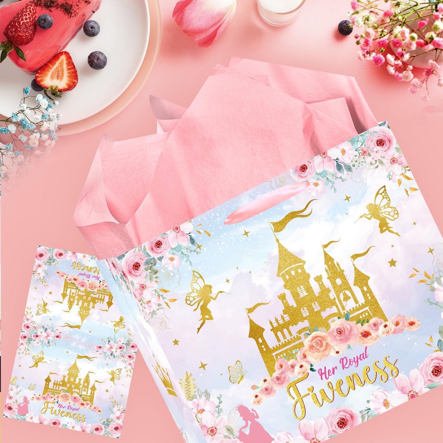 MOIZYNG Her Royal Fiveness Birthday Gift Bag, Pink Gold Castle Floral Princess 5th Birthday Gift Wrap Bags with Handles, Tissue Paper and Greeting Card for Girls 5 Year Old Party Favors Decorations
