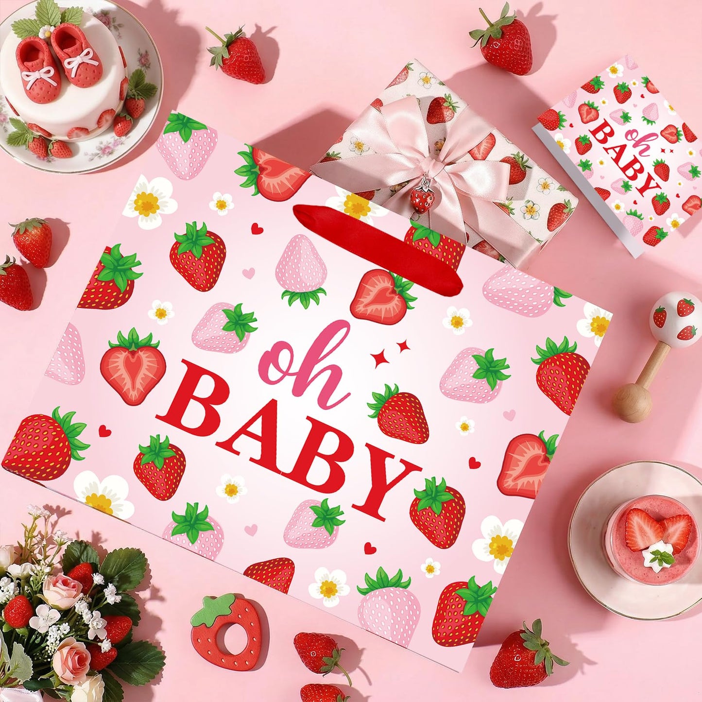 Woosytoo Strawberry Baby Gift Bag with Card Tissue Papers, Pink Berry Baby Shower Wrapping Paper Bag Oh Baby Present Bags for Newborn Congratulations Gifts Gender Reveal Party Favors