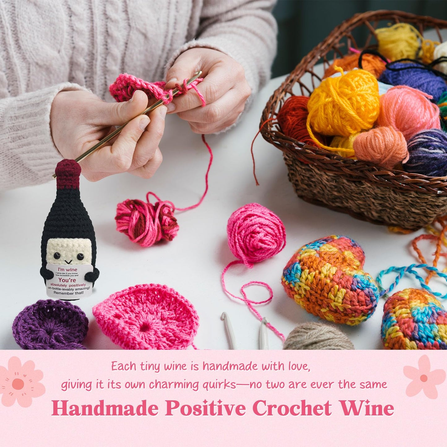 Funny Crochet Mini Wine Bottle,Emotional Support Redwine Gift for Women and Men,Handmade Wine Lover Gift for Birthday,Party,Housewarming,Cute Desk and Home Decor for Friends and Coworkers