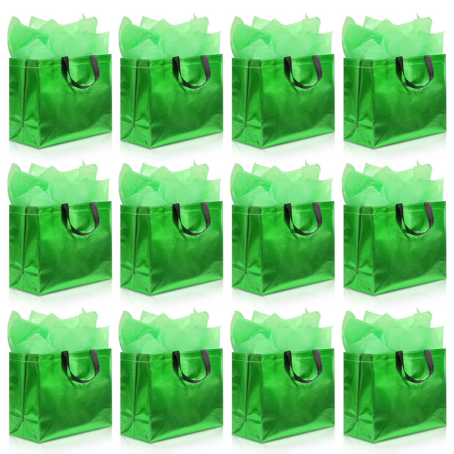 KeerxunBag 12Pcs Reusable Gift Bags（Includes Tissue Paper） Gift bag with handle Birthdays Parties Holidays Weddings Medium 13x5x11in Green Gift Bags
