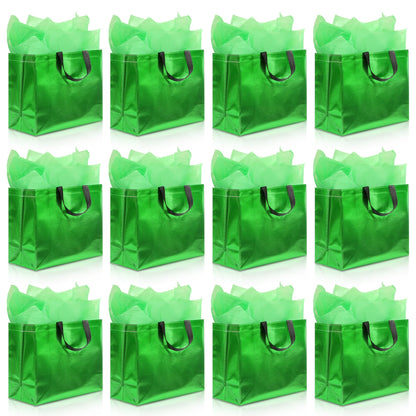 KeerxunBag 12Pcs Reusable Gift Bags（Includes Tissue Paper） Gift bag with handle Birthdays Parties Holidays Weddings Medium 13x5x11in Green Gift Bags