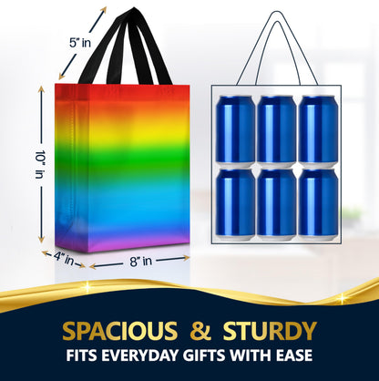 Nush Nush Holographic Rainbow Gift Bags Medium Size– Set of 12 Colorful, Reusable Rainbow Gift Bags with Handles - Ideal Goodie Bag for Birthday Party, Kids Party, Sleepover, Pride Events - 8x4x10