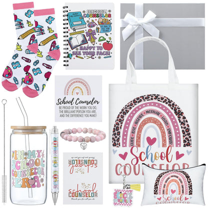Remerry 10 Pcs School Counselor Appreciation Gifts End of School Year Teacher Gifts Set for Women Include Tote Bag Cosmetic Bag Glass Cup Card Bracelet Socks Notebook Pen for Educator