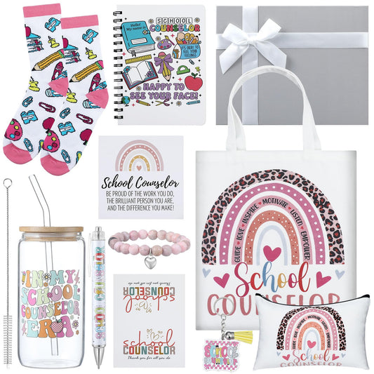 Remerry 10 Pcs School Counselor Appreciation Gifts End of School Year Teacher Gifts Set for Women Include Tote Bag Cosmetic Bag Glass Cup Card Bracelet Socks Notebook Pen for Educator