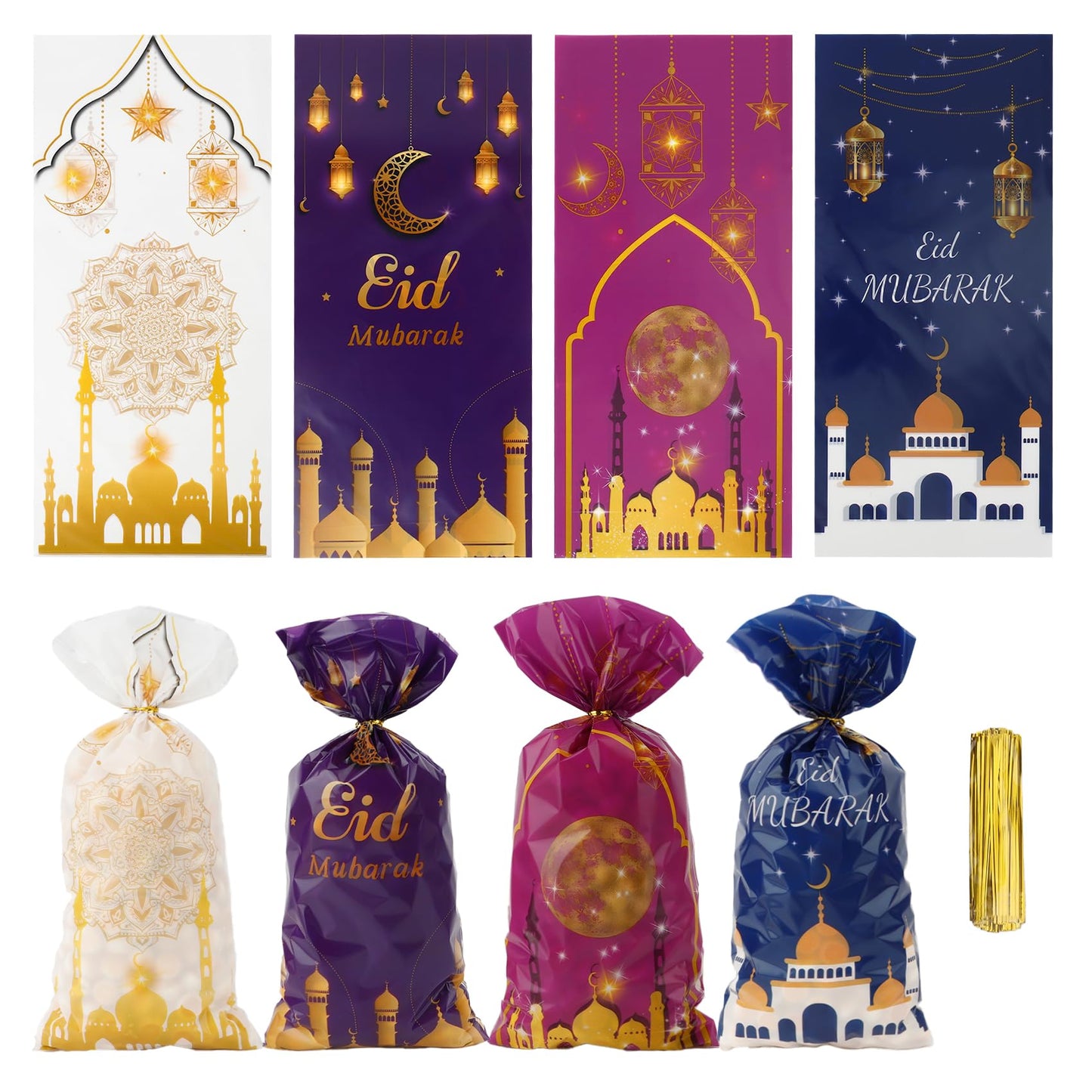 Eid Mubarak Treat Bags, 120 PCS Ramadan Goodie Bags, Eid Mubarak Gift Bag, Plastic Ramadan Candy Cookie Snack Treat Bag with Twist Ties Gifts for Islam Muslim Ramadan Party Decorations Favor Supplies