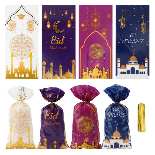 Eid Mubarak Treat Bags, 120 PCS Ramadan Goodie Bags, Eid Mubarak Gift Bag, Plastic Ramadan Candy Cookie Snack Treat Bag with Twist Ties Gifts for Islam Muslim Ramadan Party Decorations Favor Supplies