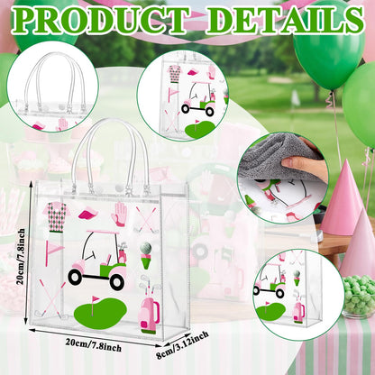 Sweetude 24 Pieces Golf Gift Goodie Bags with Handles 8x8x3.15 Inch Pink and Green PVC Golf Theme Party Favor Clear Treat Bags Bulk for Sports Party Competition Team Birthday Gifts