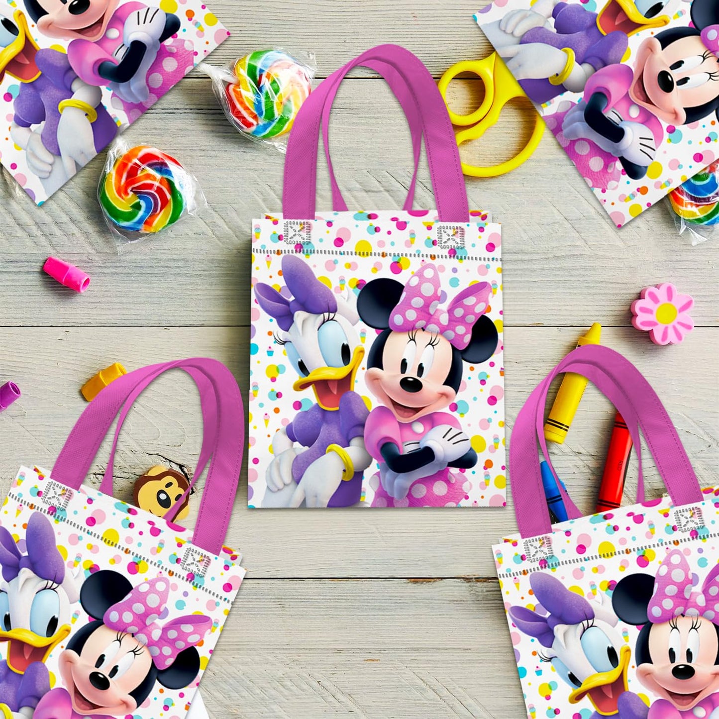 Disney Minnie Mouse Party Favor Bags Set – 24 Pack of 8" Minnie Mouse Party Goodie Bags for Kids Bulk Reusable Totes | Minnie Birthday Party Supplies