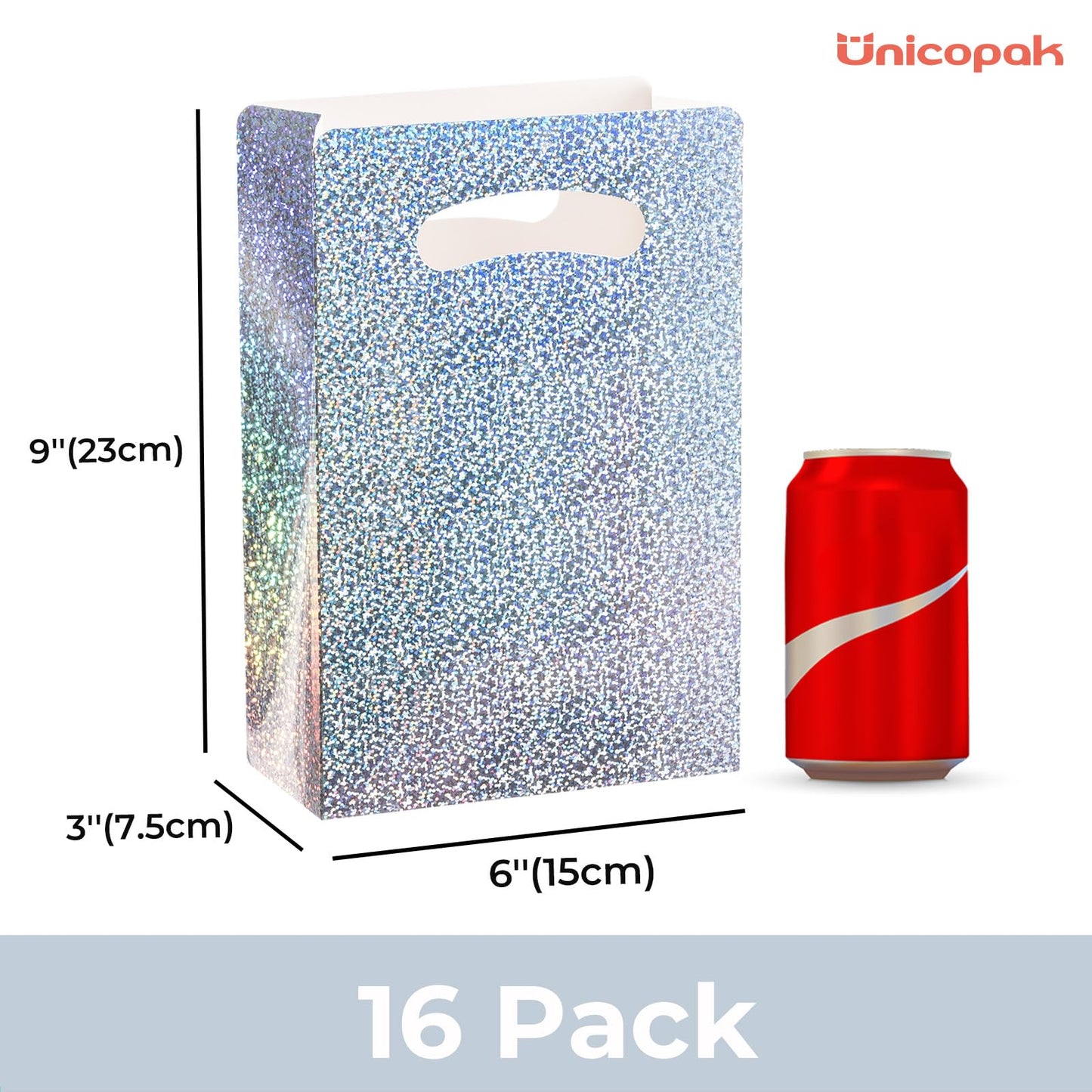 UnicoPak 16 Pack Premium Iridescent Party Favor Bags - 6x3x9 Glitter Goodie Bags for Birthday Party, Wedding - Sturdy Holographic Gift Bags with Auto-lock Bottom, Customizable for Treats & Cookies