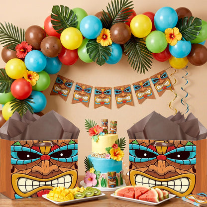 Tiki Gift Bag Brown Hawaiian Wrapping Paper Bag with Tissue Paper and Greeting Card Aloha Luau Party Favors Hawaiian Themed Party Decor for Hawaii Tropical Summer Festival Birthday Party Supplies