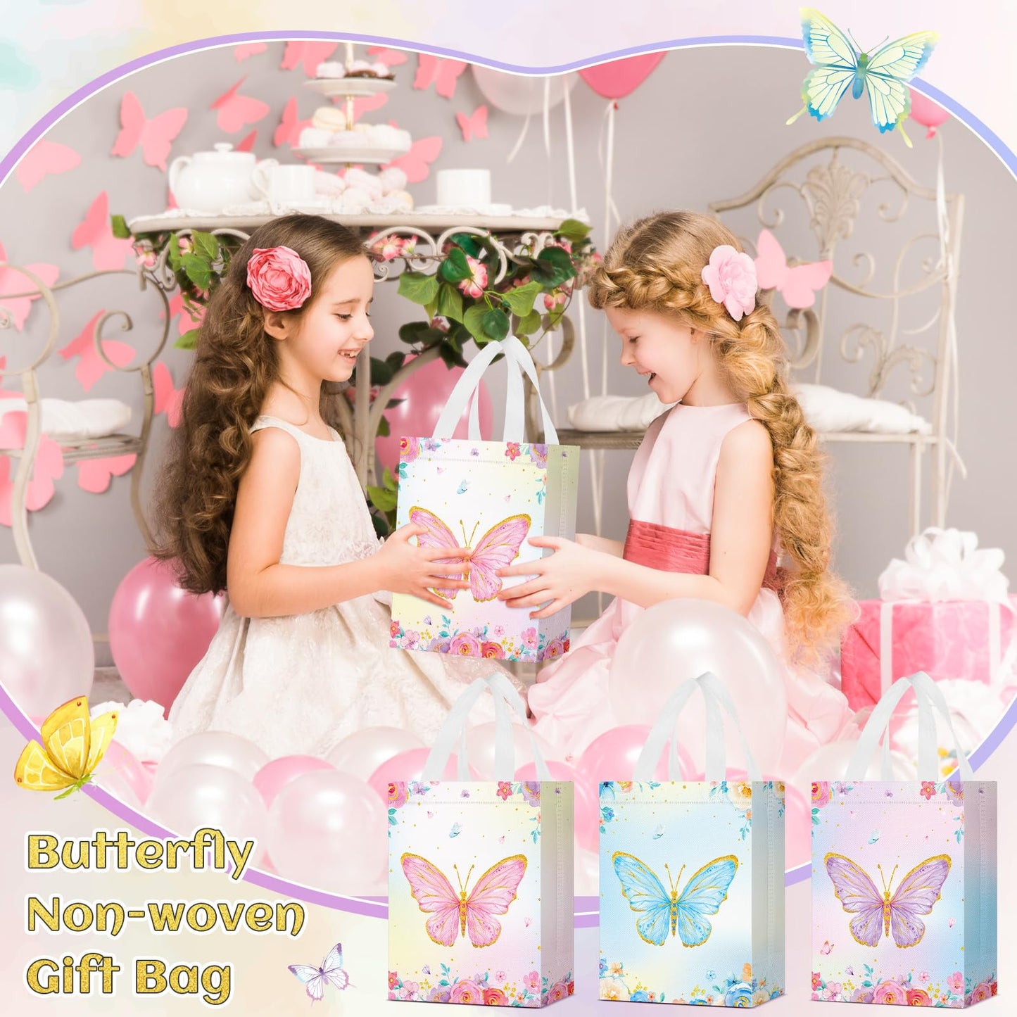 Locmeo 24 Pcs Butterfly Party Favor Bags with Handles Reusable Non Woven Butterfly Goodie Bags Pink Blue and Purple Candy Treat Gift Bag for Girl Boy Birthday Baby Shower Party, 8 x 4 x 10 Inch