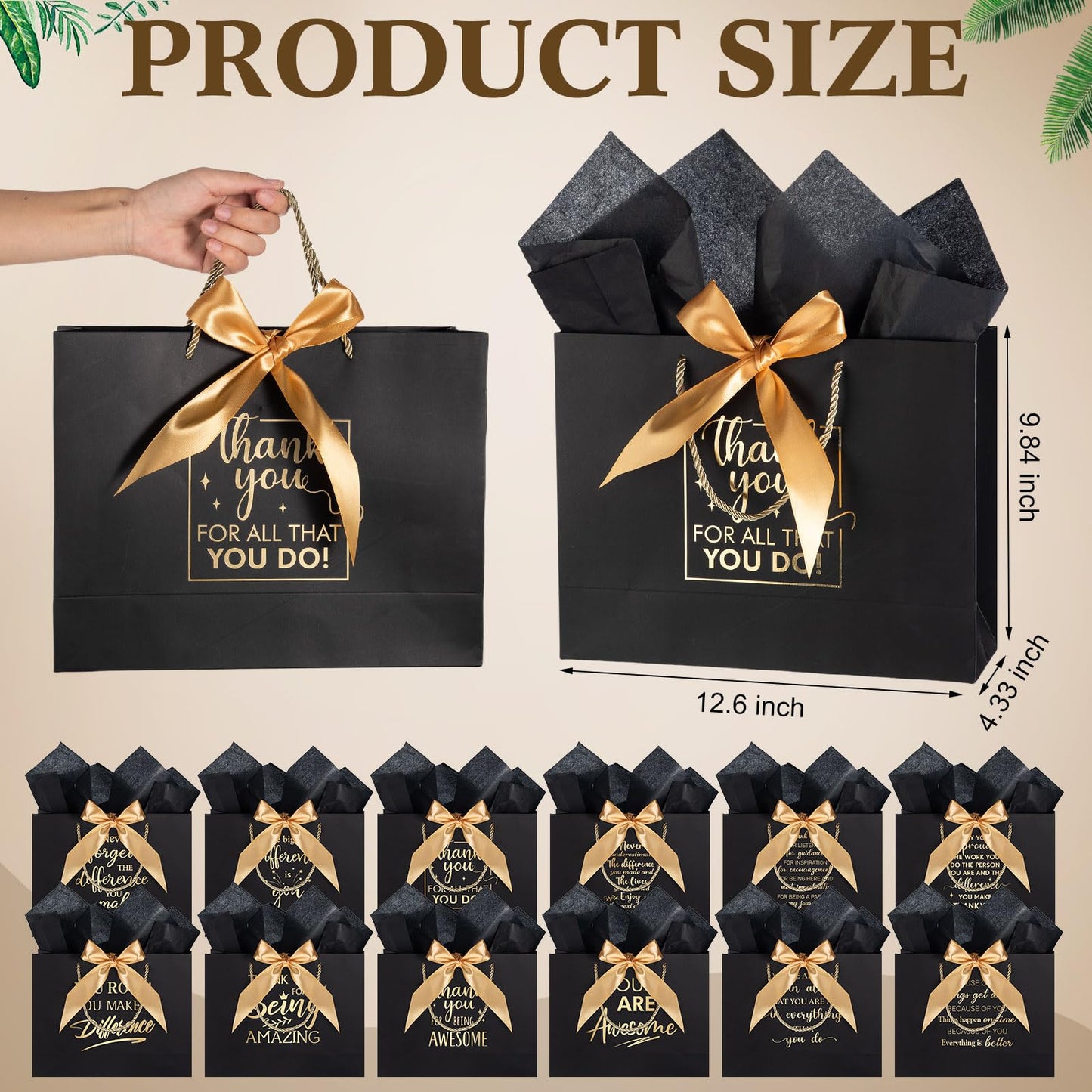 Kolldenn 12 Pcs Large Thank You Gift Bags with Handles Tissue Papers Bows 12.6 x 9.84 x 4.3 Inches Appreciation Bags for Teacher Volunteer Employee Coworker(Black)