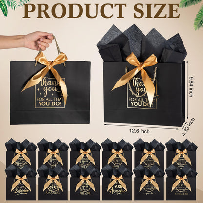 Kolldenn 12 Pcs Large Thank You Gift Bags with Handles Tissue Papers Bows 12.6 x 9.84 x 4.3 Inches Appreciation Bags for Teacher Volunteer Employee Coworker(Black)