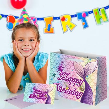 Sumerk 13" Mermaid Birthday Gift Bag with Tissue Papers and Greeting Card, Envelope and Stickers - Pink Purple Gifts Wrapping Bag for Birthday