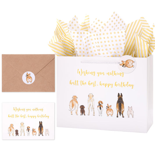 Crisky 13" Funny Dog Happy Birthday Gift Bag with Tissue Paper and Card for Women, Men, Girls, Boys, Kids, Friends, Wishing You Nothing but the Best Bags with Handles for Party