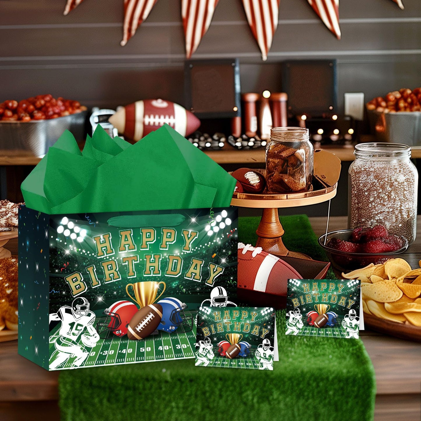Hooqict Large Football Gift Bag with Handles, Tissue Paper and Greeting Card Football Birthday Party Gift Wrapping Bag for Boys Men Sport Themed Goodie Treat Party Favors
