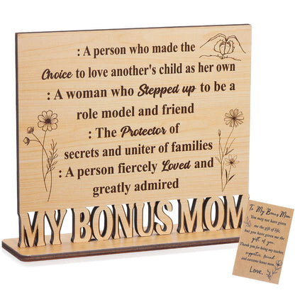 Qunclay Bonus Mom Gifts Wooden Standing Sign Plaque Gifts for Stepmom Adoptive Bonus Mom Definition Thank You Gift Desk Sign for Mothers Day Stepmother Birthday Christmas Gift