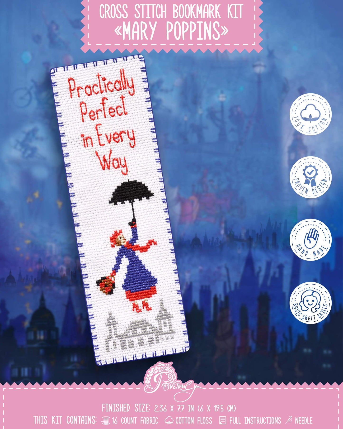 Povitrulya Mary Poppins Cross Stitch Bookmark Kit - DIY Embroidery Gift for Booklovers