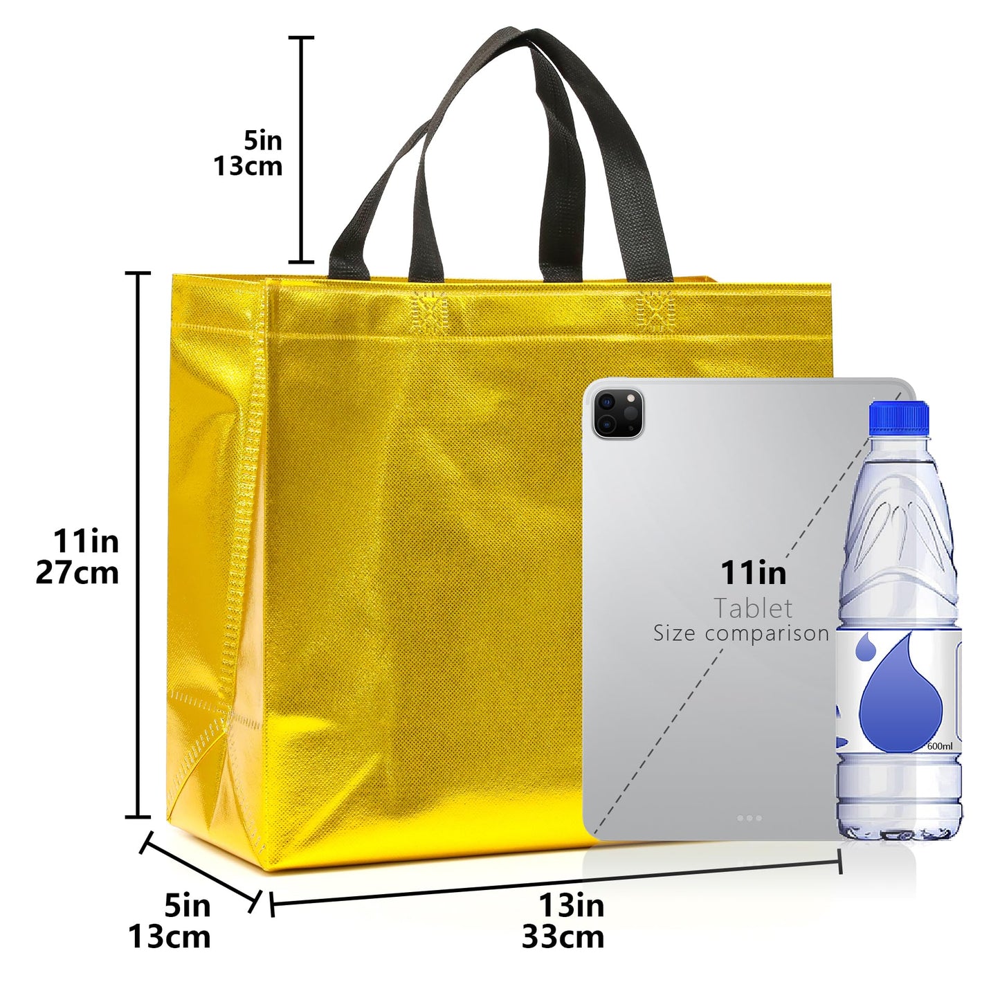 KeerxunBag 12Pcs Reusable Gift Bags（Includes Tissue Paper） Gift bag with handle Birthdays Parties Holidays Weddings Medium 13x5x11in Golden Yellow Gift Bags
