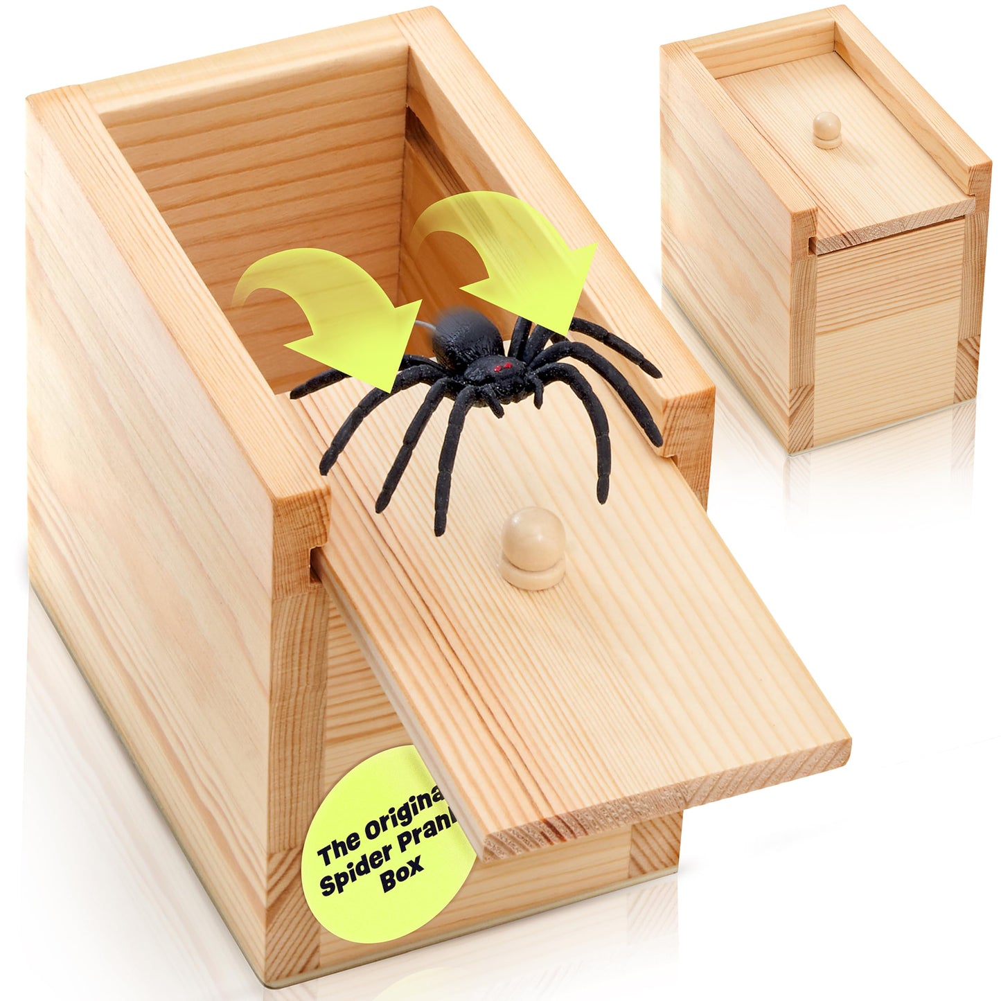 FunFamz Original Spider Prank Box – Wooden Prank Toy & Jump Scare Prank Gift with Hidden Gift Card Compartment, Realistic Jumping Spider Surprise, Funny Gag Toy for Kids, Adults, Parties & Office Fun