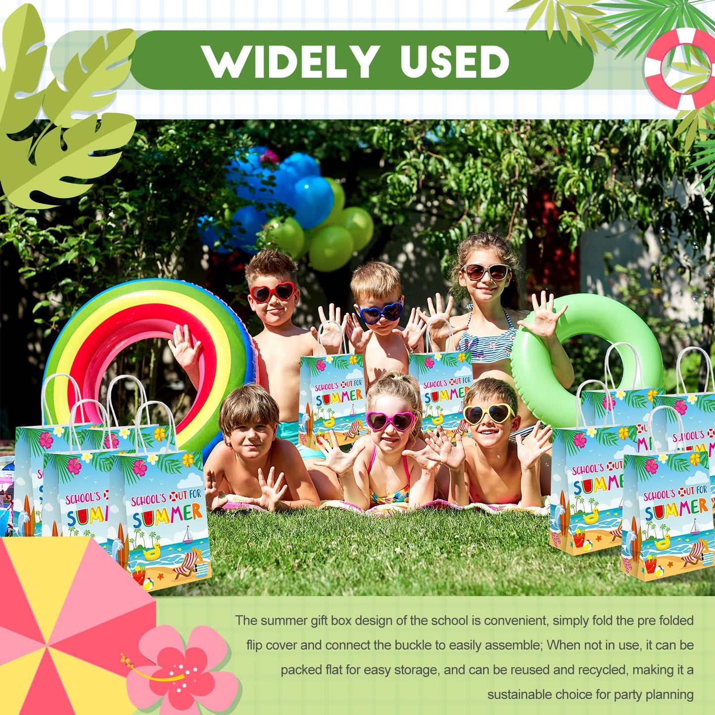 Sweetude 24 Pcs School's out for Summer Gift Bags End of School Year Present Summer Beach Pool Goodie Treat Paper Bags for Summer Vacation Graduation Tropical Party Celebration Favors Supplies