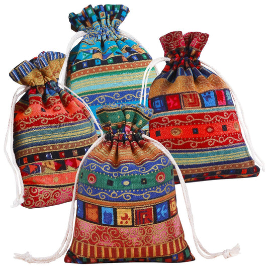 PINOWU Ethnic Style Drawstring Gift Bag 5x7 Cotton Reusable Pouches (12pcs) Jewelry Coin Storage Pouch Eco-Friendly Sachet Bags for Candy Wedding Party Valentine Favors