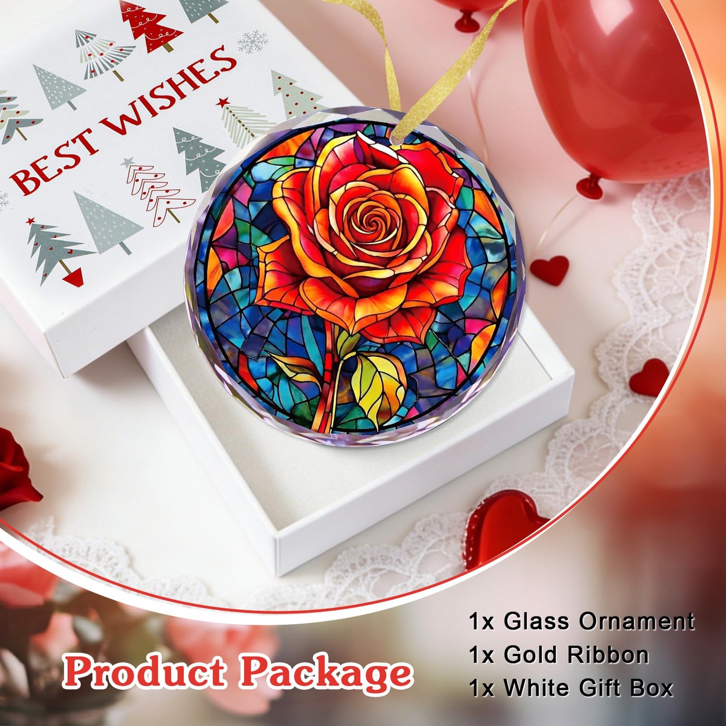 FLYAB Red Rose Valentines Day Gifts for Girlfriend Her Wife Women - Flower Valentine Ornaments for Tree Deorations, Glass Red Rose Window Suncatcher, Anniversary Wedding Gifts