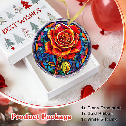 FLYAB Red Rose Valentines Day Gifts for Girlfriend Her Wife Women - Flower Valentine Ornaments for Tree Deorations, Glass Red Rose Window Suncatcher, Anniversary Wedding Gifts