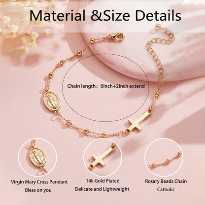 Catholic First Communion Confirmation Baptism Gifts for Girls Teens, Virgin Mary Cross Charm Link Chain Rosary Beads Bracelet Religious Jewelry Gifts