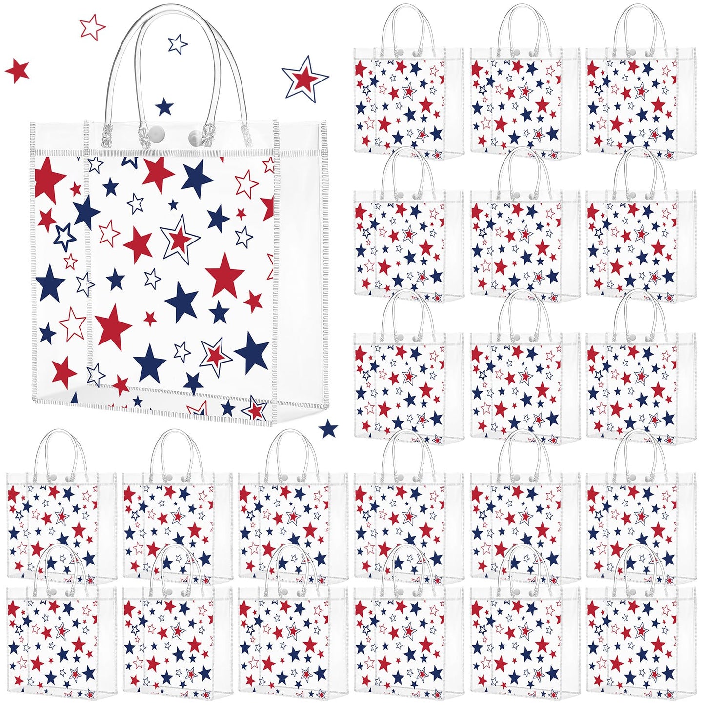 Kosiz 24 Pcs Patriotic Gift Bags Patriotic Party Favors Red White Blue American Star Clear PVC Gift Bags, Memorial Day Independence Day 4th of July with Handle for USA Party Supplies