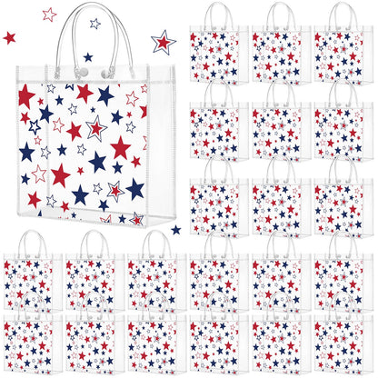 Kosiz 24 Pcs Patriotic Gift Bags Patriotic Party Favors Red White Blue American Star Clear PVC Gift Bags, Memorial Day Independence Day 4th of July with Handle for USA Party Supplies