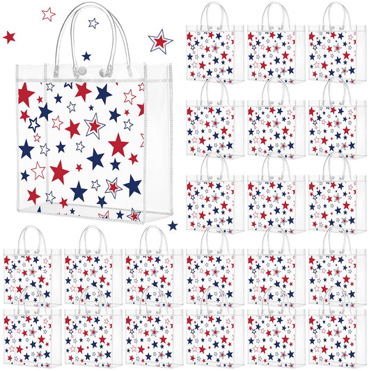 Kosiz 24 Pcs Patriotic Gift Bags Patriotic Party Favors Red White Blue American Star Clear PVC Gift Bags, Memorial Day Independence Day 4th of July with Handle for USA Party Supplies