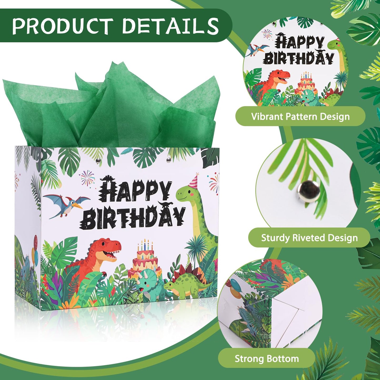Lednica Dinosaur Happy Birthday Gift Bag with Tissue Paper, Envelop and Greeting Card, T-Rex Paper Gift Bags for Kids Boys Girls, Green Dino Party Favors Supplies, 11.8"x9.5"x5.3"