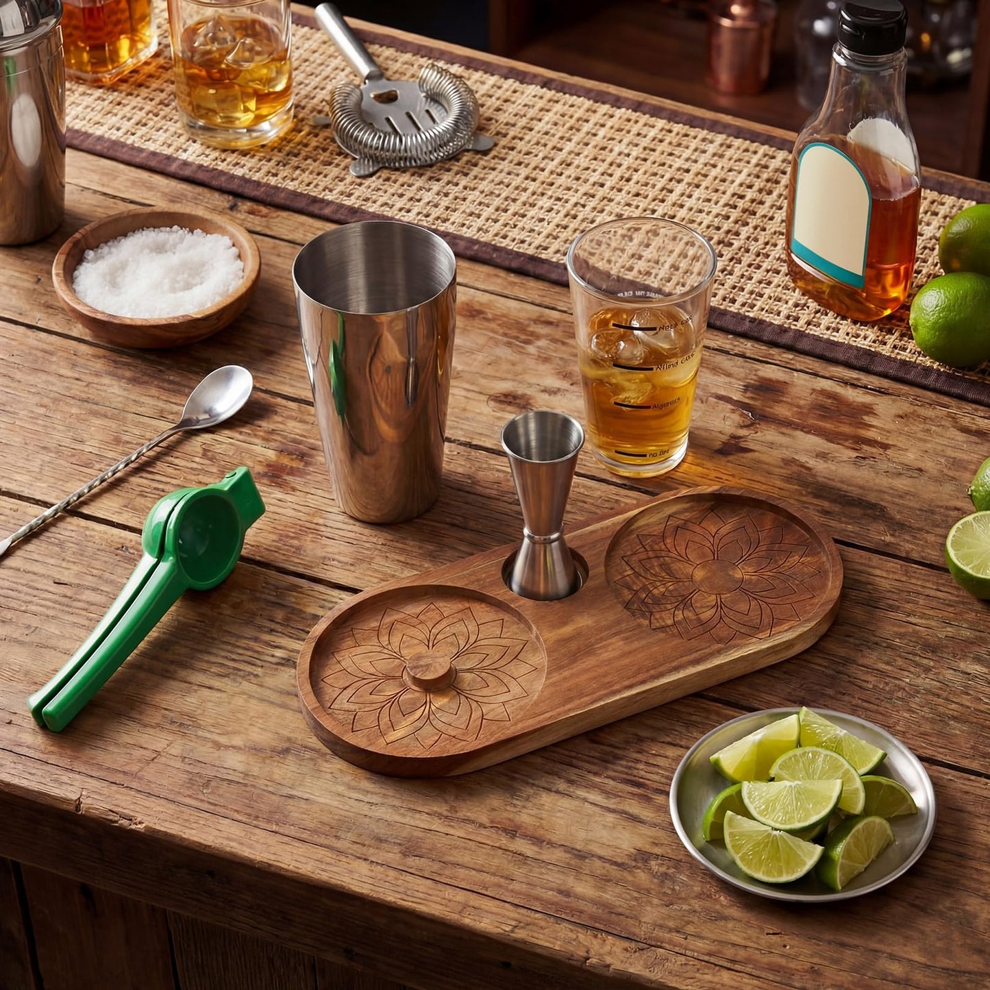 Mifoci 6 Pcs Margarita Gift Set, Acacia Wood Salt and Sugar Rimmer Tray for up to 5.1" Rims, Stainless Steel Shaker, Jigger, Measuring Glass, Citrus Squeezer, Cocktail Kit for Home Bar Accessories